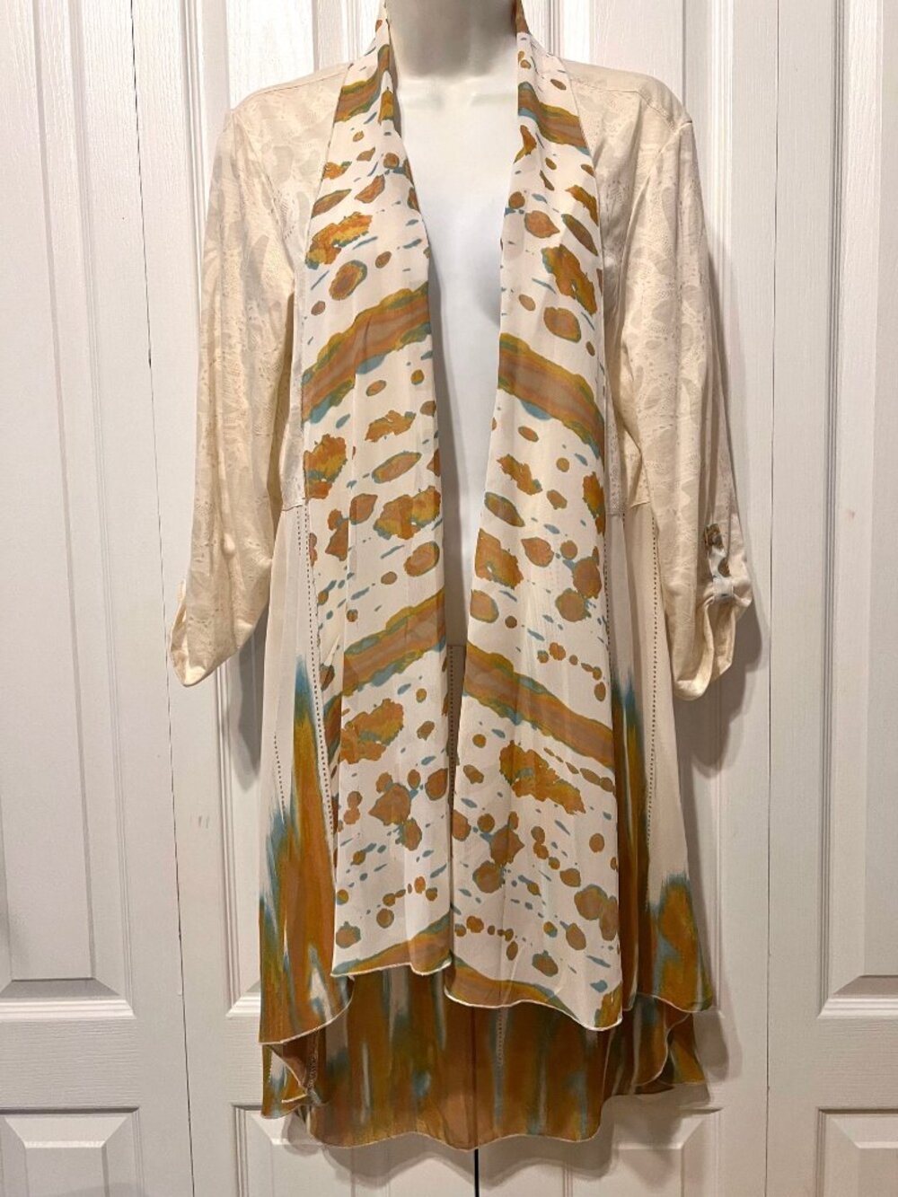 Multiples Women's Boho Open Front Button Tap 3/4 Sleeves-Lightweight-LG-Kimono